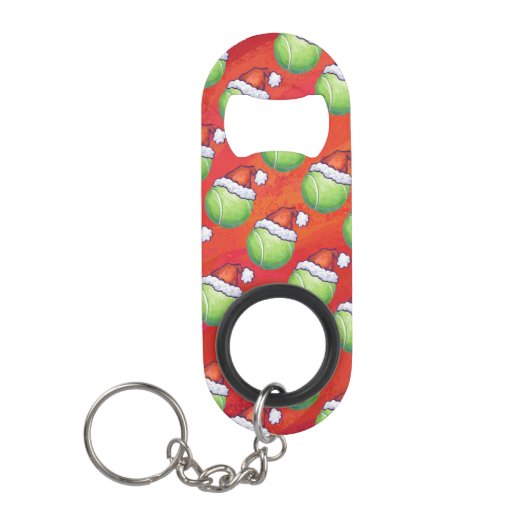 Tennis Ball in Santa Hat Pattern op Red Mini Flessenopener (Voorkant)
