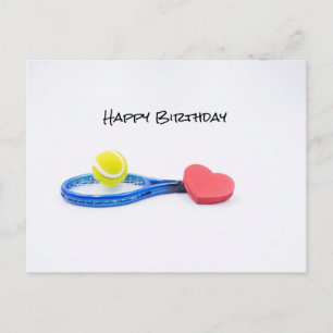 Tennis ball met blauwe racketverjaardagskaart briefkaart