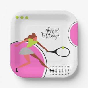 Tennis ball met verjaardag van vrouwspeler papieren bordje