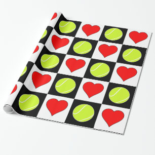 Tennis Balls en hart, zwart en wit, gecheckt Cadeaupapier