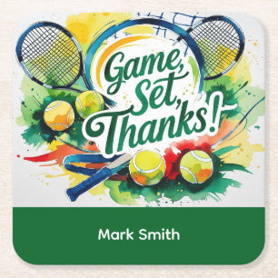 Tennis Bedankt feest met racket en bal Vierkante Kartonnen Onderzetter