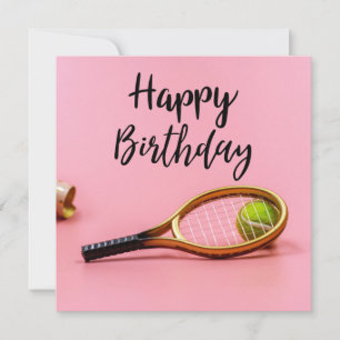 Tennis Birthday met bal en Racket op roze Kaart
