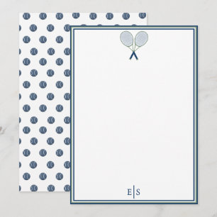 Tennis Briefpapier Racket Stippen Monogram Blauw Notitiekaartje
