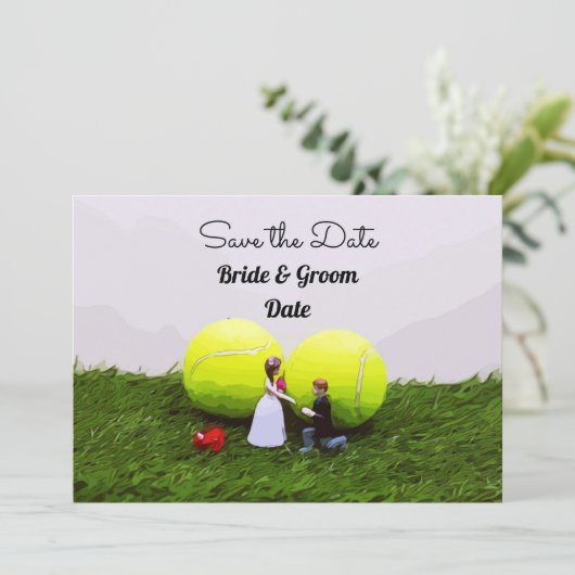 Tennis bruiloft save the date met bruid en bruideg kaart (Staand voorkant)