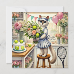 Tennis Cat aquarelle pour carte d'anniversaire