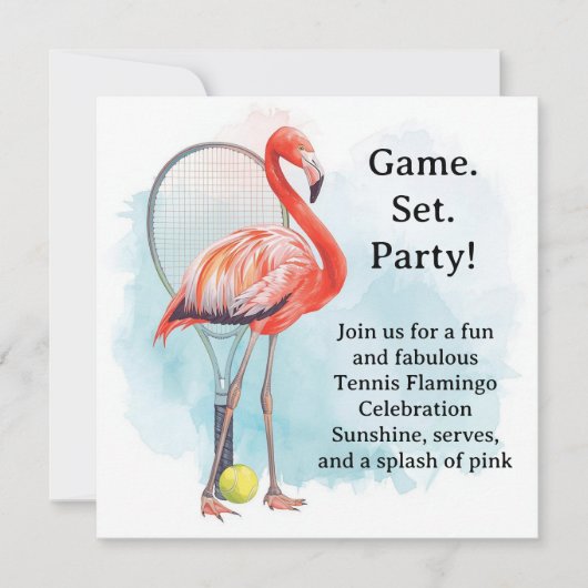 Tennis  Flamingo  with racket and ball invitation  (Devant)