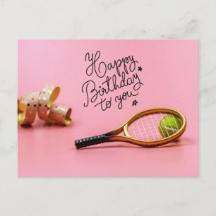 Tennis Gelukkig Verjaardag met bal en racket roze Briefkaart