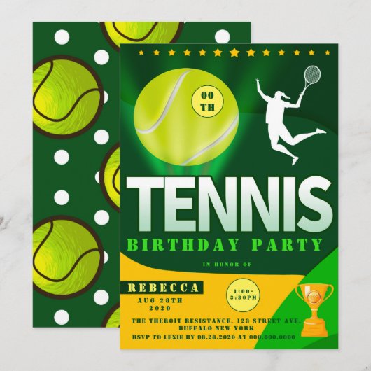 Tennis Green et Jaune Invitations de fête d'annive (Devant / Derrière)