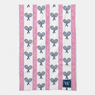 Tennis Griekse Sleutel Streep - Navy & Roze Monogr Theedoek