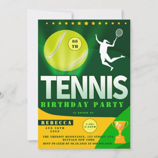 Tennis groene en gele verjaardagsuitnodigingen (Voorkant)