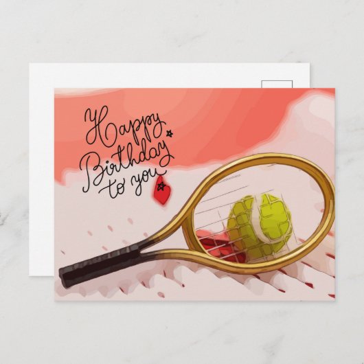 Tennis Happy Birthday met bal en racket Briefkaart (Voorkant / Achterkant)