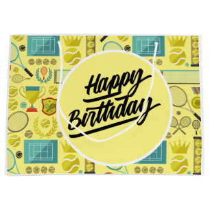 Tennis Happy Birthday met bal en racket geel Groot Cadeauzakje