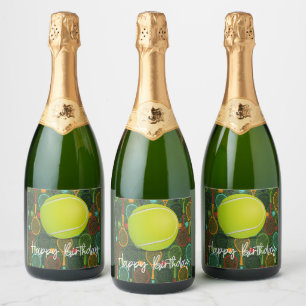 Tennis Happy Birthday met bal en racket Sparkling Wijnetiket