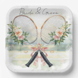 Tennis Huwelijksracket met Bloem Bruid & Bruidegom Papieren Bordje