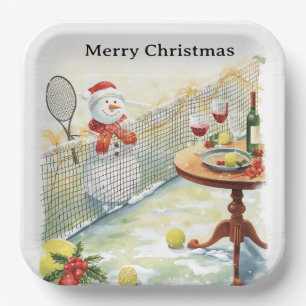 Tennis Kerst thema Sneeuwman die tennis speelt Papieren Bordje