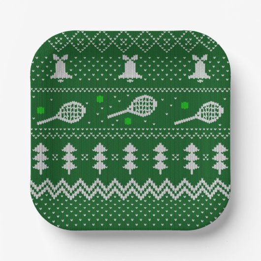 Tennis-kerstkeuken van breipatroongroen papieren bordje (Voorkant)