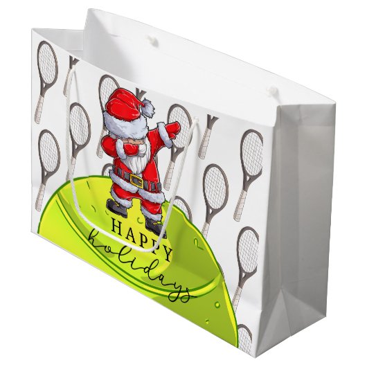 Tennis Kerstmis met Ball en Racket met Santa Groot Cadeauzakje (Voorkant Gekanteld)