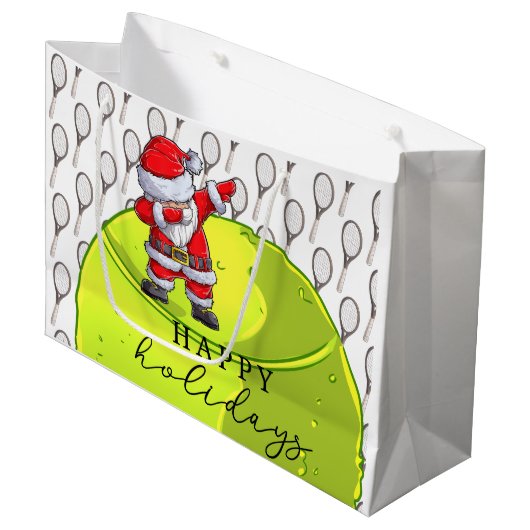 Tennis Kerstmis met Ball en Racket Santa Claus Groot Cadeauzakje (Voorkant Gekanteld)
