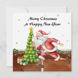 Tennis Kerstmis met Kerstman op de baan Feestdagenkaart