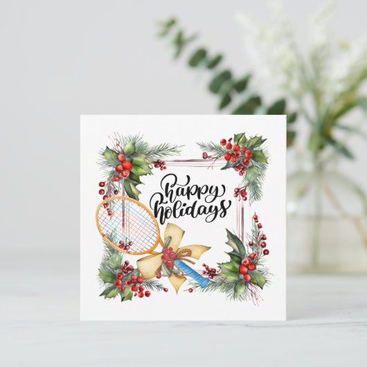Tennis Kerstmis met Racket aquarel Feestdagenkaart (Staand voorkant)