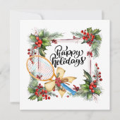 Tennis Kerstmis met Racket aquarel Feestdagenkaart (Voorkant)