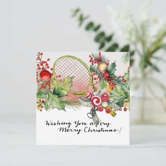 Tennis Kerstmis met Racket en Kerstkrans Feestdagenkaart (Staand voorkant)