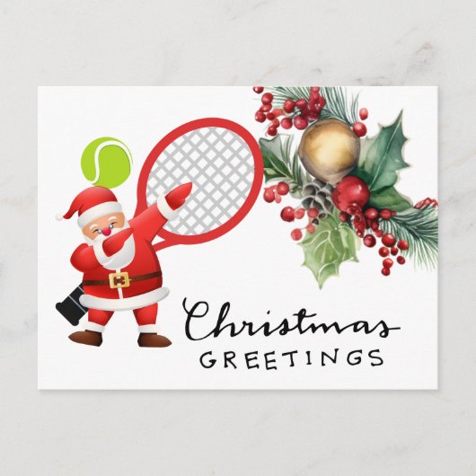 Tennis Kerstmis met Racket waterverf Feestdagenkaart (Voorkant)