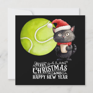 Tennis Kerstmis met Santa Cat Feestdagenkaart