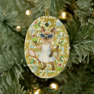 Tennis Kerstmis thema voor speler die kat liefheef Keramisch Ornament