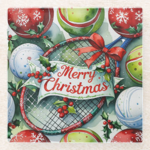 Tennis Kerstthema met racket en kerstman hoed Glazen Onderzetter