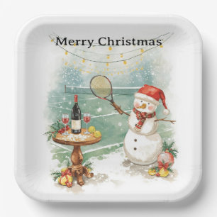 Tennis Kerstthema Sneeuwman die tennis speelt Papieren Bordje