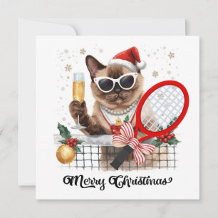 Tennis Kerstthema voor Siamese Kattenliefhebbers Feestdagenkaart