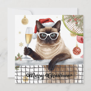 Tennis Kerstthema voor Siamese Kattenliefhebbers Feestdagenkaart