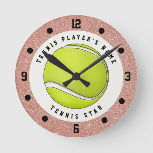 Tennis met eigen naam Roze Goud Glitter Bal Ronde Klok