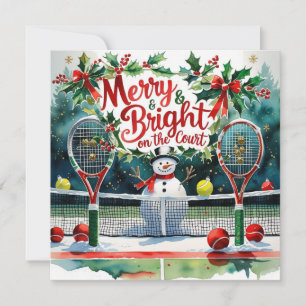 Tennis met kerst met sneeuwman op het veld feestdagenkaart