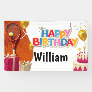 Tennis met racket en bal Happy Birthday Spandoek