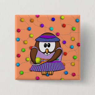 tennis owl - girl vierkante button 5,1 cm
