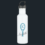 Tennis personnalisé Bouteille d'eau personnalisée<br><div class="desc">Bouteille d'eau de voyage en métal blanc avec une raquette de tennis bleu et blanc turquoise Design Personnalisé avec votre initiale et votre nom dans une police de script élégante. Changez les polices et les couleurs pour concevoir votre propre bouteille d'eau personnalisée de joueur d'équipe de tennis en cliquant sur...</div>