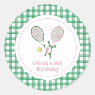 Tennis preppy geruite verjaardagsuitnodiging ronde sticker