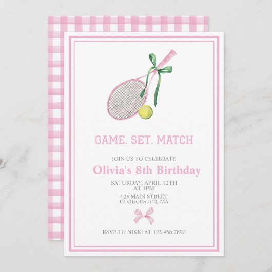 Tennis preppy plaid invitation d'anniversaire (Devant / Derrière)