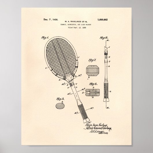 Tennis Racket 1925 Patent Art Old Peper Poster (Voorkant)