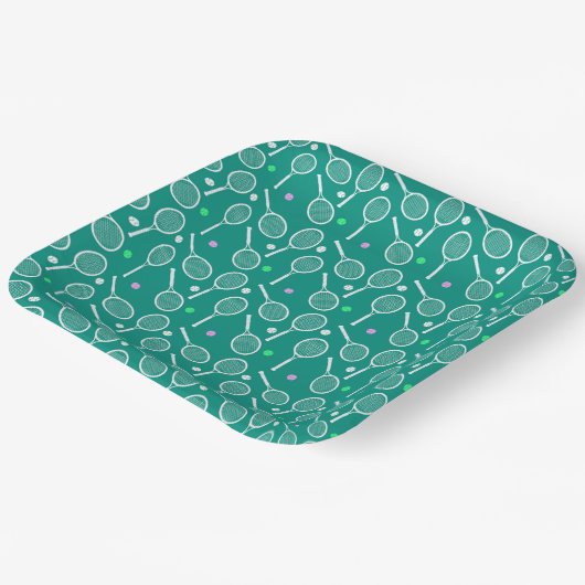 Tennis Racket & Bal Patroon Retro Smaragd Groen Papieren Bordje (Gebogen)