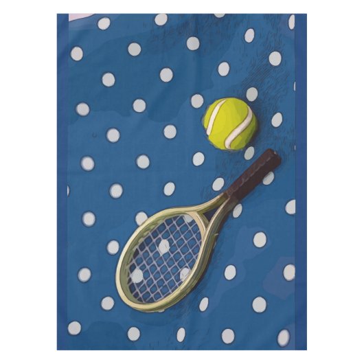 Tennis racket & ball on white polka punts blue tafelkleed (Voorkant)
