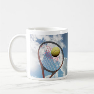 Tennis Racket en Ball in the Air, Blue Cloudy Sky Koffiemok