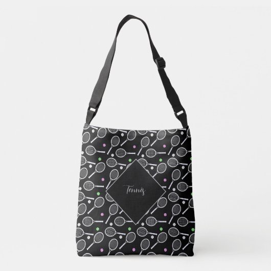 Tennis Racket en Tennis Ball Pattern Black Crossbody Tas (Achterkant)