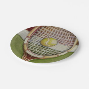 Tennis Racket met Ball Laying over Court Papieren Bordje