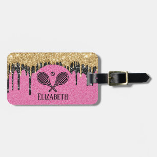 Tennis Theme Roze Glitter Sparkle Monogramname Nam Bagagelabel