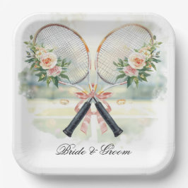 Tennis trouwracket met bloem bruid & bruidegom papieren bordje