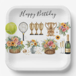 Tennis Verjaardag met Bloemen en bal waterverf Papieren Bordje