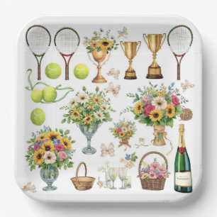 Tennis Verjaardag met Bloemen en bal waterverf Papieren Bordje